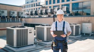 Hvac contractor is standing with HVAC Maintenance Contract