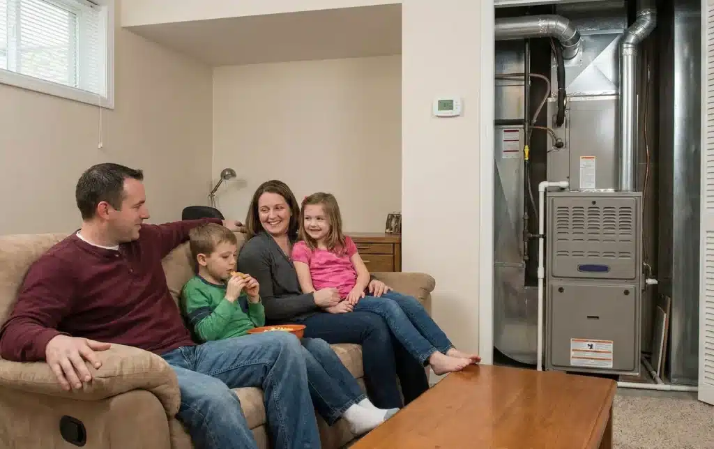 A family sitting comfortably in their living room near a modern furnace unit, representing home comfort and the Cost to Install a New Heating System for improved heating efficiency.